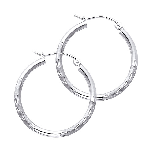 14K White Gold Small Hoop Earrings with Satin Diamond-Cut - 2mm x 0.9 inch Slide 0