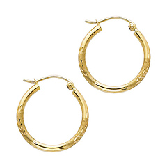 14K Yellow Gold Small Hoop Earrings with Satin Diamond-Cut - 2mm x 0.7 inch