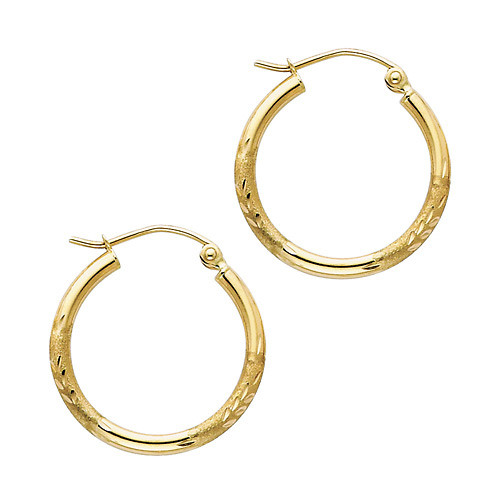14K Yellow Gold Small Hoop Earrings with Satin Diamond-Cut - 2mm x 0.7 inch Slide 0