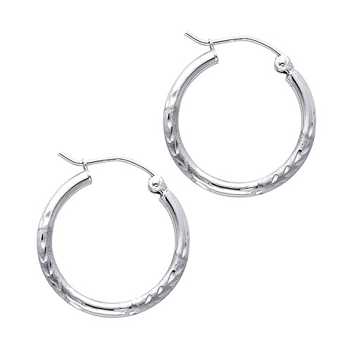14K White Gold Small Hoop Earrings with Satin Diamond-Cut - 2mm x 0.7 inch Slide 0