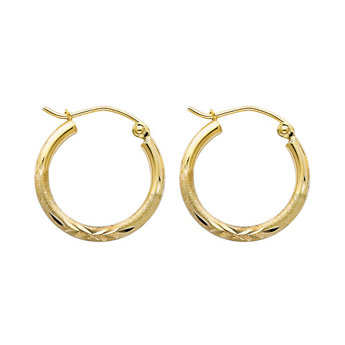 Diamond-Cut Satin Hinge Small Hoop Earrings - 14K Yellow Gold 2mm x 0.7 inch Slide 0