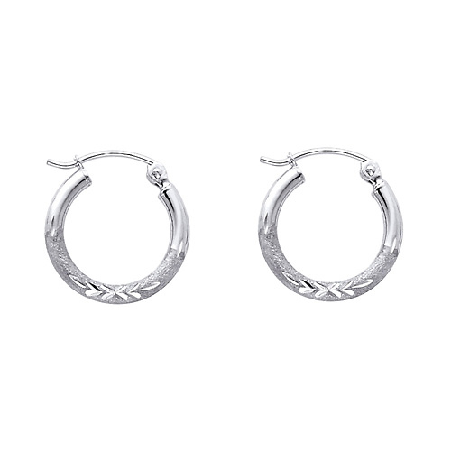 Diamond-Cut Satin Hinge Petite Hoop Earrings - 14K White Gold 2mm x 0.6 inch Slide 0