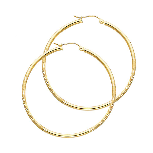 14K Yellow Gold Medium Hoop Earrings with Satin Diamond-Cut - 2mm x 1.3 inch Slide 0