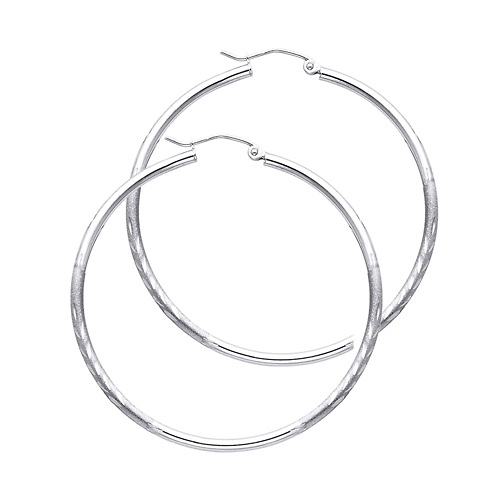 14K White Gold Medium Hoop Earrings with Satin Diamond-Cut - 2mm x 1.3 inch Slide 0