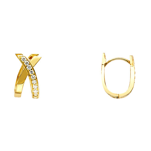 14K Yellow Gold 8mm Crossover Semi-Lined CZ Huggie Hoop Earrings Slide 0