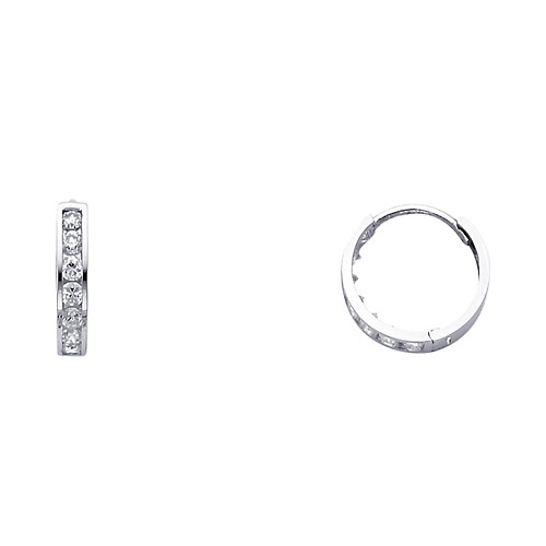 14K White Gold Round CZ Huggie Earrings 3mm x 13mm Slide 0