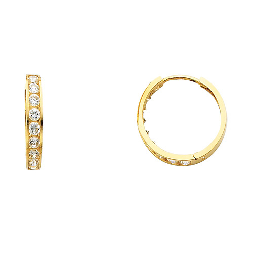 14K Yellow Gold Round CZ Huggie Earrings 3mm x 17mm Slide 0
