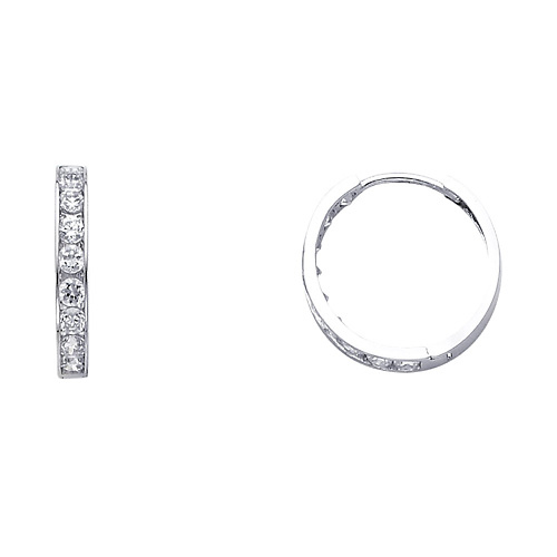 14K White Gold Round CZ Huggie Earrings 3mm x 17mm Slide 0
