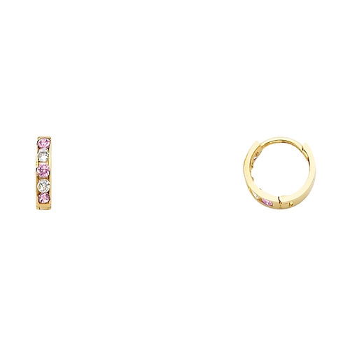Pink CZ Channel-Set 14K Yellow Gold Huggie Earrings - 2mm x 10mm Slide 0