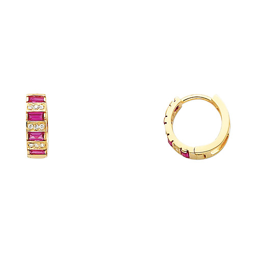 14K Yellow Gold Baguette Fuchsia CZ Huggie Earrings 4mm x 12mm Slide 0