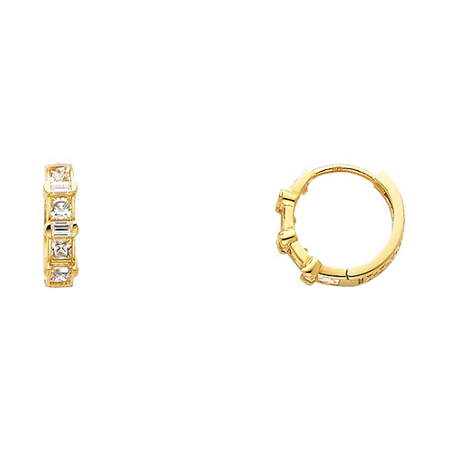 14K Yellow Gold Princess & Baguette CZ Huggie Earrings 4mm x 12mm Slide 0