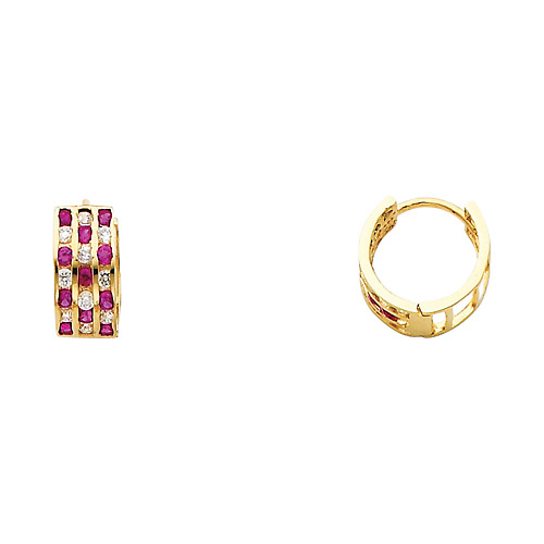 14K Yellow Gold 3-Row Fuchsia CZ Huggie Earrings 5mm x 11mm Slide 0
