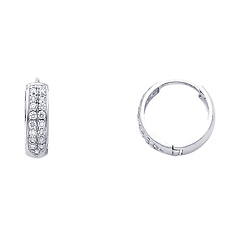 14K White Gold Dome Pave CZ Huggie Earrings 4mm x 15mm