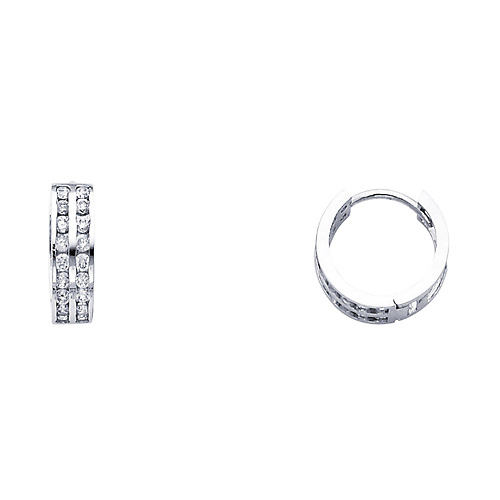 14K White Gold 2-Row CZ Huggie Earrings 4mm x 12mm Slide 0