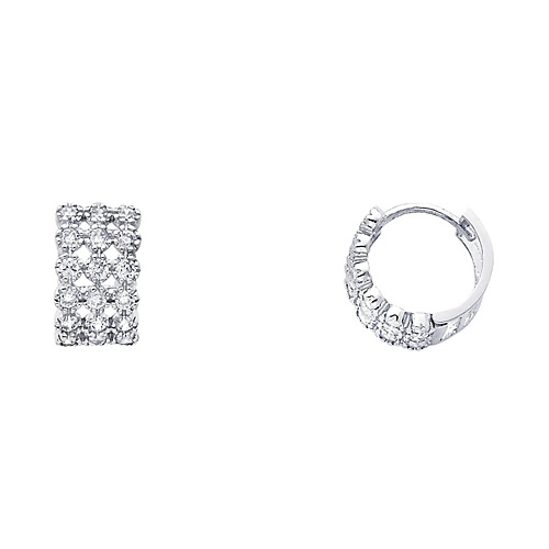 14K White Gold Milgrain 3-Row CZ Huggie Earrings 7mm x 12mm Slide 0