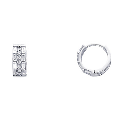 14K White Gold Baguette & Round CZ Huggie Earrings 6mm x 13mm