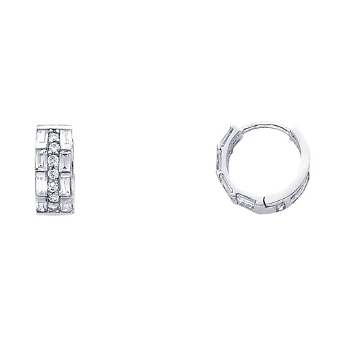 14K White Gold Baguette & Round CZ Huggie Earrings 6mm x 13mm Slide 0
