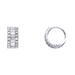 14K White Gold Round & Baguette CZ Huggie Earrings 7mm x 14mm