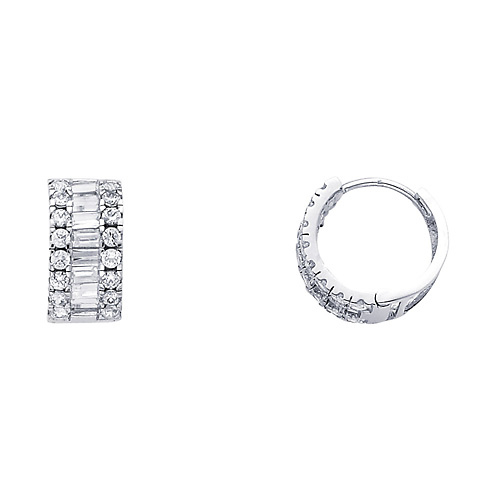 14K White Gold Round & Baguette CZ Huggie Earrings 7mm x 14mm Slide 0