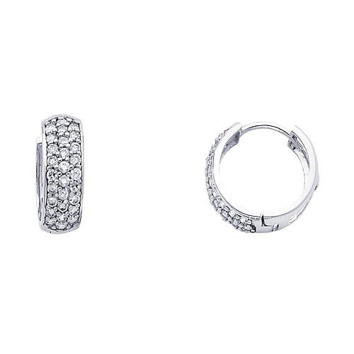 14K White Gold 3-Row Dome Pave CZ Huggie Earrings 6mm x 15mm Slide 0