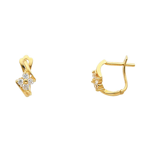 14K Yellow Gold Bypass Flower Lever-back CZ Huggie Earrings Slide 0