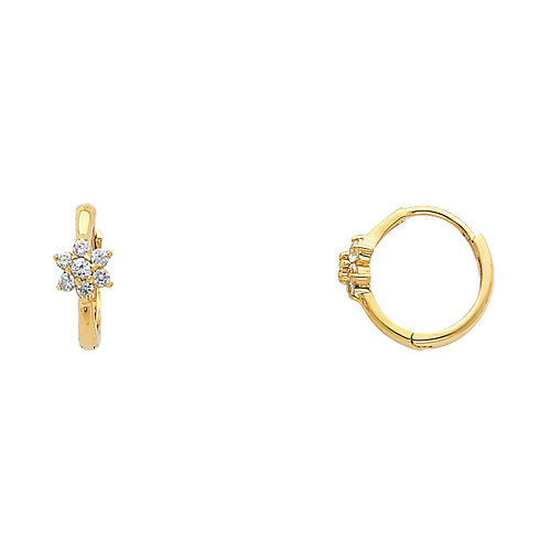 14K Yellow Gold Six-Petal Flower CZ Huggie Earrings Slide 0
