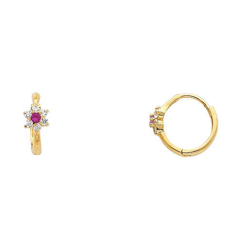 14K Yellow Gold Fuchsia Flower CZ Huggie Earrings Slide 0
