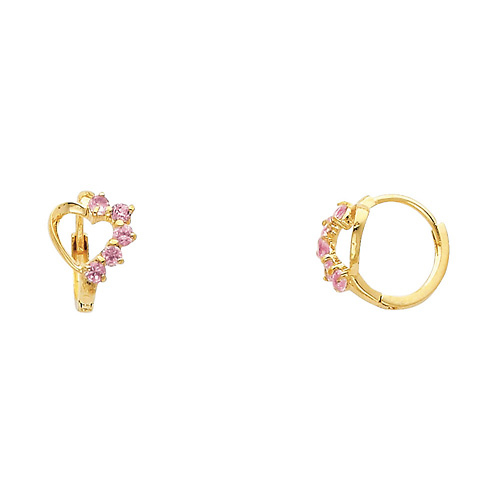 14K Yellow Gold Semi-Lined Heart Pink CZ Huggie Earrings Slide 0