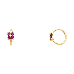 14K Yellow Gold Flower Purple Prong CZ Huggie Earrings