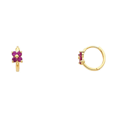 14K Yellow Gold Flower Purple Prong CZ Huggie Earrings Slide 0
