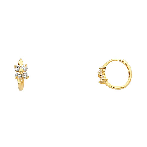 14K Yellow Gold Flower Clear Prong CZ Huggie Earrings Slide 0