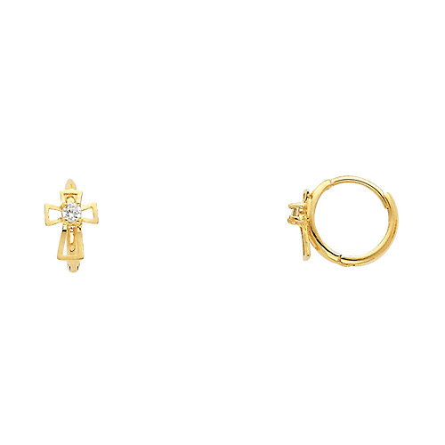14K Yellow Gold Bold Open Cross CZ Huggie Earrings Slide 0