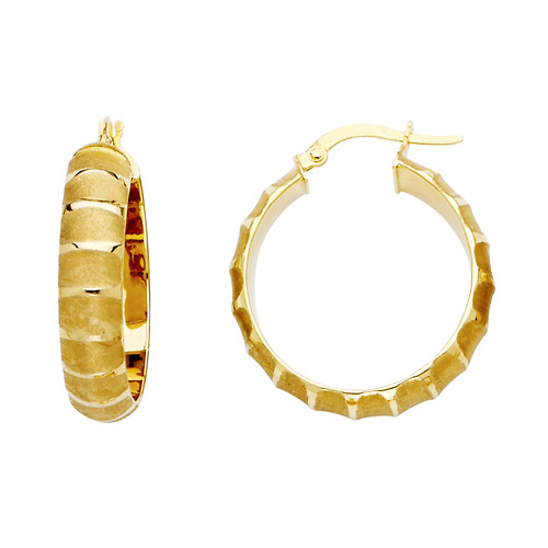14K Yellow Gold Medium Rounded Sandblast Finish Hoop Earrings - 6.0mm x 0.9 inch Slide 0