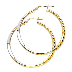 14K Two-Tone Gold Medium Twisted Polish & Rope Design Hoop Earrings - 1.5 inch