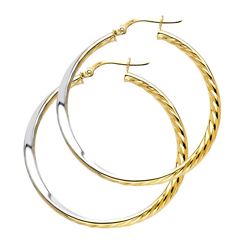 14K Two-Tone Gold Medium Twisted Polish & Rope Design Hoop Earrings - 1.5 inch Slide 0