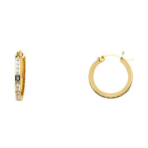 14K Yellow Gold Petite Round CZ Hoop Earrings - 15mm or 0.57 inch Slide 0