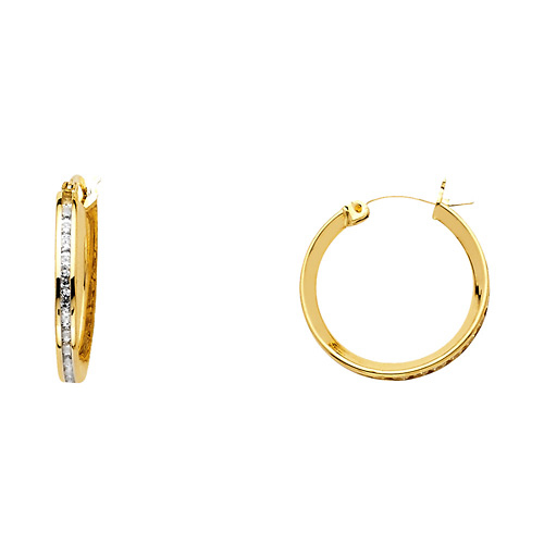 14K Yellow Gold Small Round CZ Hoop Earrings - 17mm or 0.6 inch Slide 0