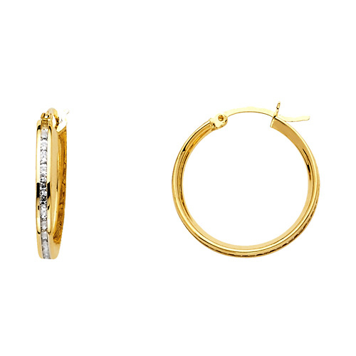 14K Yellow Gold Small Round CZ Hoop Earrings - 20mm or 0.7 inch Slide 0