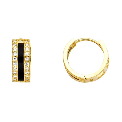 14K Yellow Gold Onyx & Pave CZ Huggie Earrings Slide 0