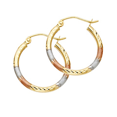 Small 14K Tricolor Gold Diamond-Cut Hoop Earrings - 2mm x 0.7 inch