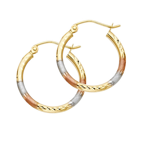 Small 14K Tricolor Gold Diamond-Cut Hoop Earrings - 2mm x 0.7 inch Slide 0