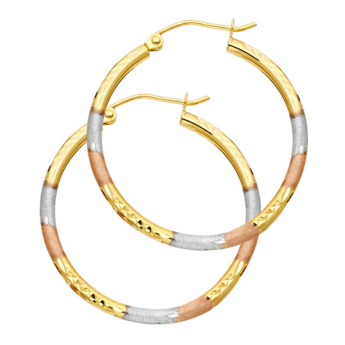 Small 14K TriGold Diamond-Cut Hoop Earrings - 2mm x 0.9 inch Slide 0