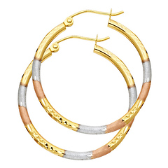 Medium 14K Tricolor Gold Diamond-Cut Hoop Earrings - 2mm x 1.1 inch