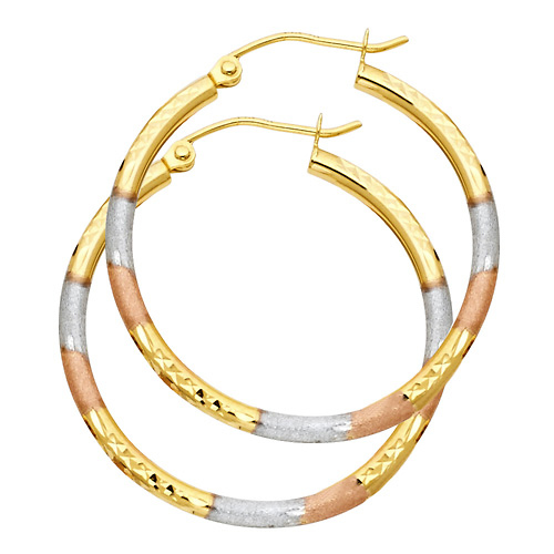 Medium 14K Tricolor Gold Diamond-Cut Hoop Earrings - 2mm x 1.1 inch Slide 0