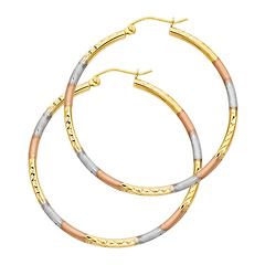 Medium 14K TriGold Diamond-Cut Hoop Earrings - 2mm x 1.3 inch
