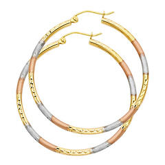Medium 14K Tricolor Gold Diamond-Cut Hoop Earrings - 2mm x 1.5 inch