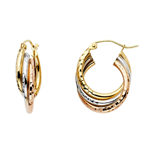 Small Stacked 14K Tricolor Gold Diamond-Cut Hoop Earrings Slide 0