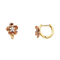 14K Two-Tone Gold Polished Flower CZ Huggie Earrings