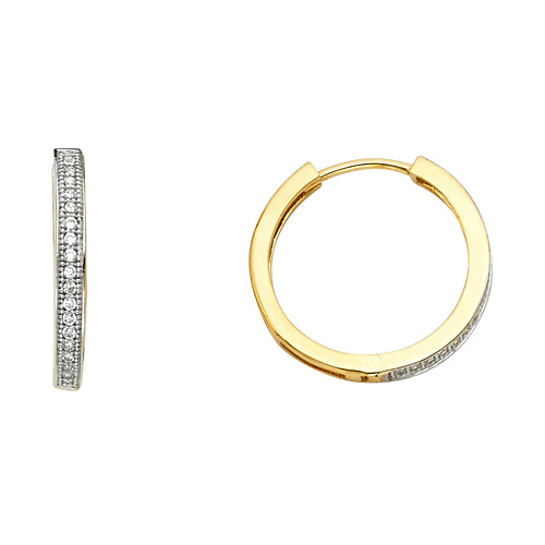 14K Two-Tone Gold Milgrain Pave CZ Huggie Earrings - 2mm x 17mm Slide 0