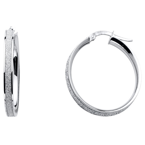 Shimmer Satin Medium Hoop Earrings - 14K White Gold 4mm x 0.9 inch Slide 0
